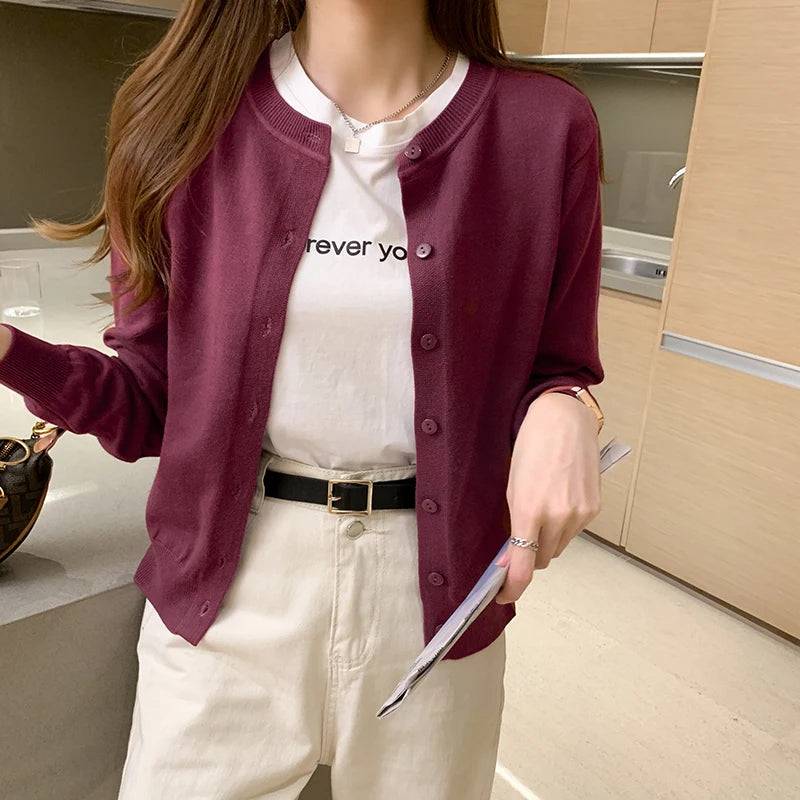 AOSSVIAO Women Knitted Cardigan Sweater 2026 Spring O-Neck Casual Cardigans Woman Solid Color Slim Korean Versatile Tops