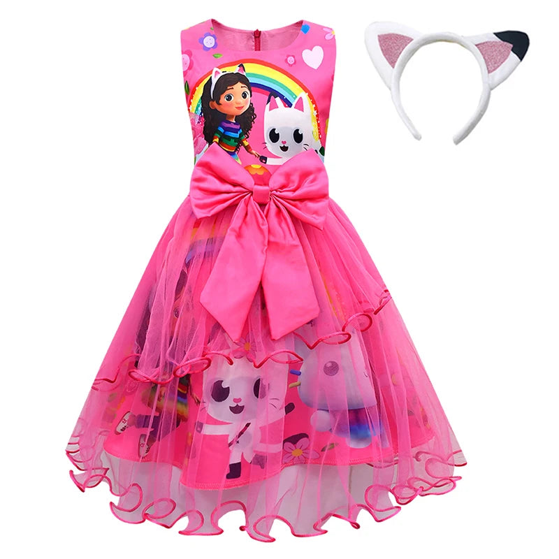Gabby's Dollhouse Kids Summer Gabby Cats Dress Baby Girls Cute Lace Princess Dress Toddler Girls Birthday Party Dresses Headwear
