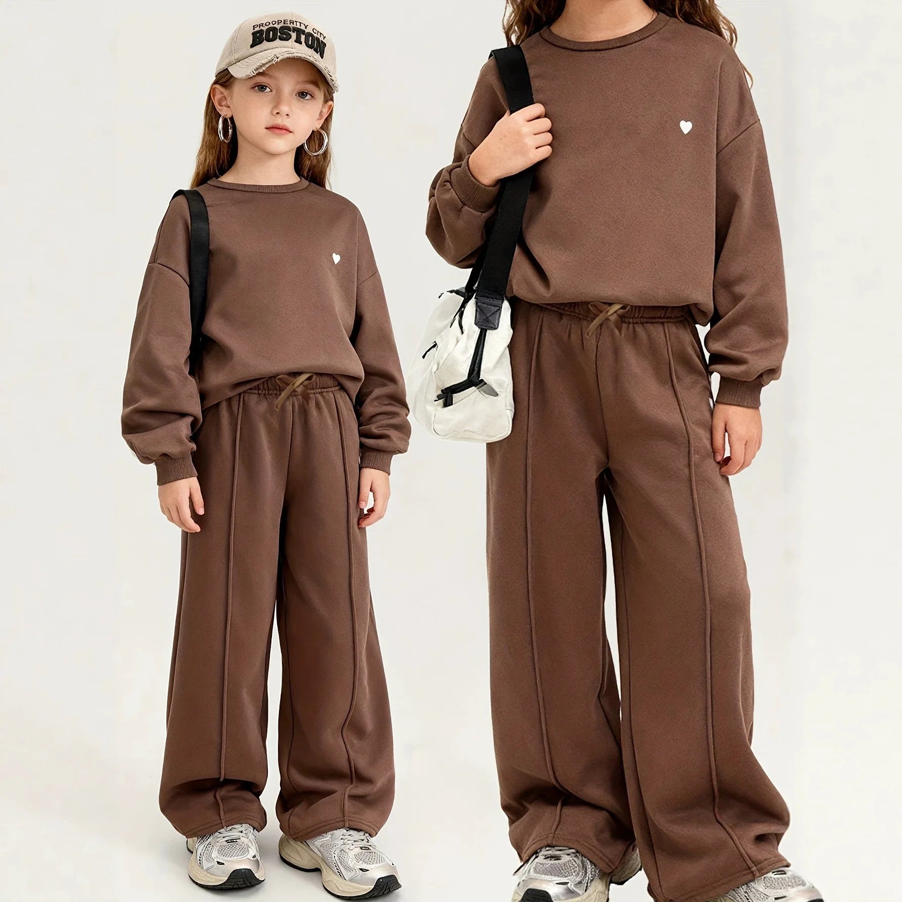 2026 autumn winter girls Children set long sleeve heart Teens top sweatshirt + wide leg loose pants tracksuit 4 8 10 12 year