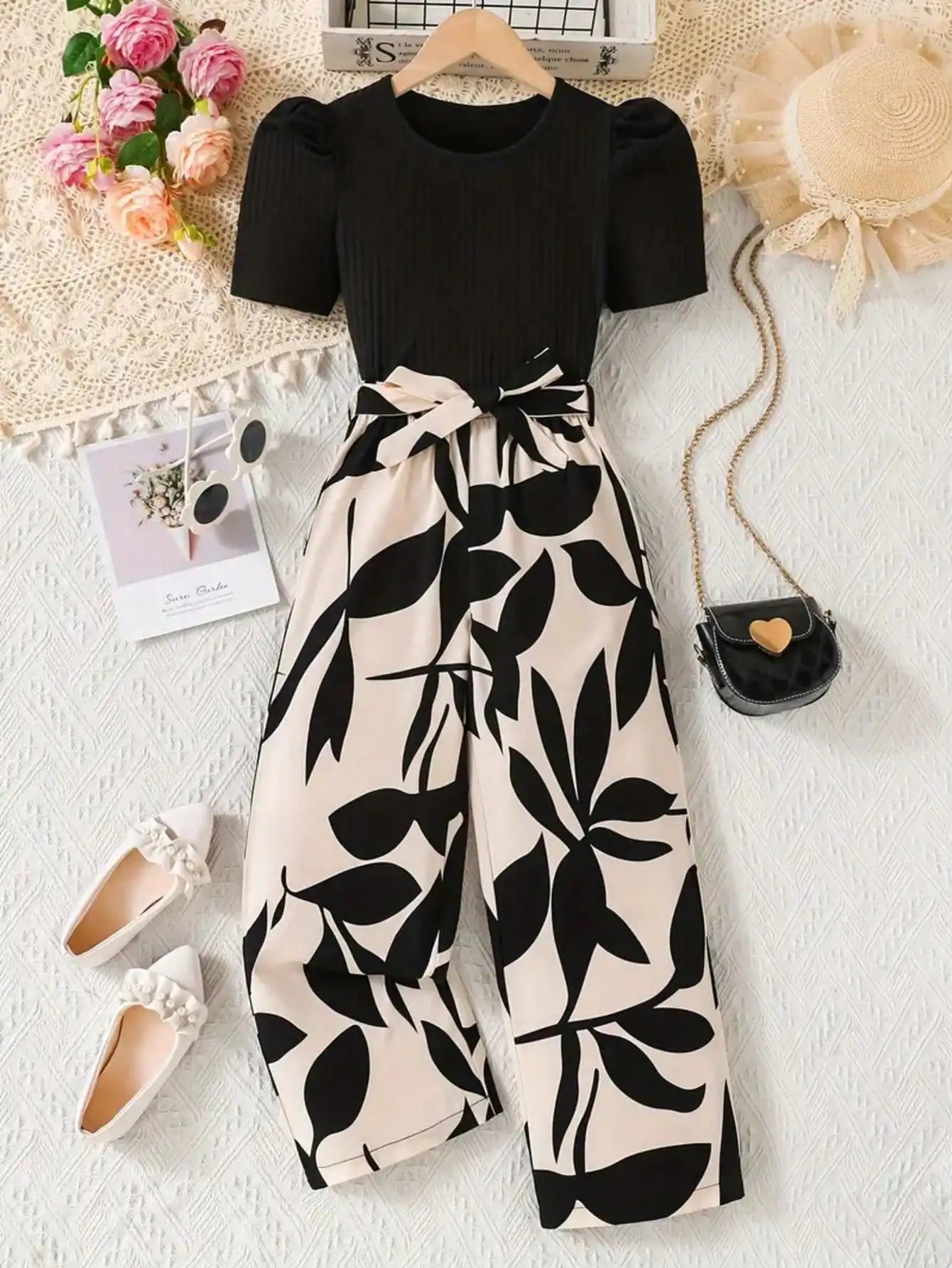 Girls' solid color waist tied bow top, loose wide leg pants for summer vacation, suitable for outdoor wear