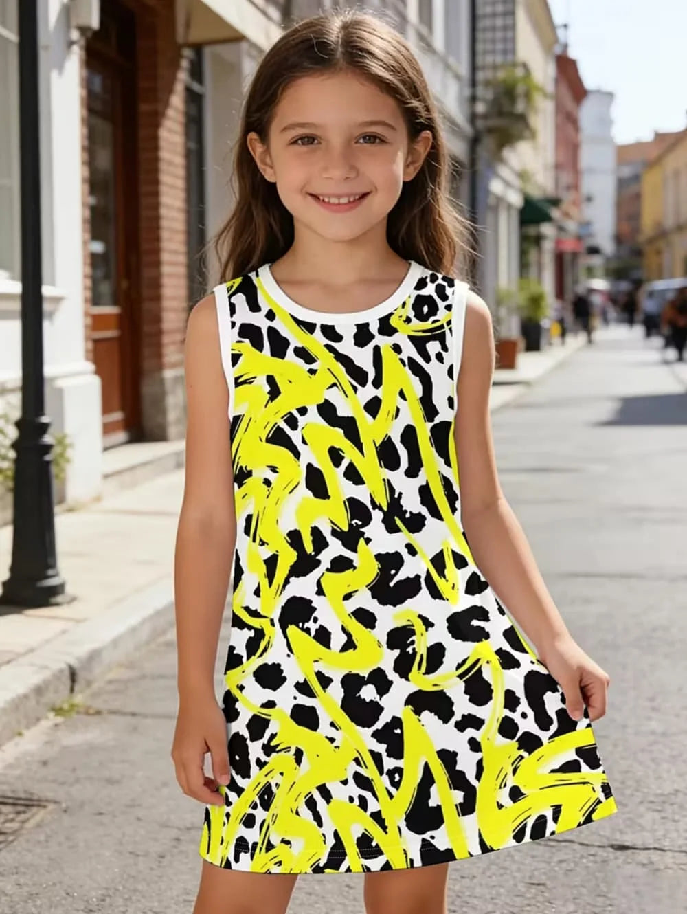Summer Beach Vibes Pattern Girls' Vibrant Fashion Digital Print Sleeveless Camisole Dress Holiday Vacation Beach Girl Vest Dress
