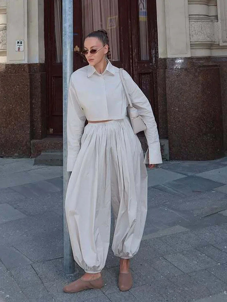 Casual Drop Waist Lantern Pant 3 Pieces Suit Women Stripe Long Sleeves Lapel Loose Shirt Sets 2026 Lady Daily Street Wears New