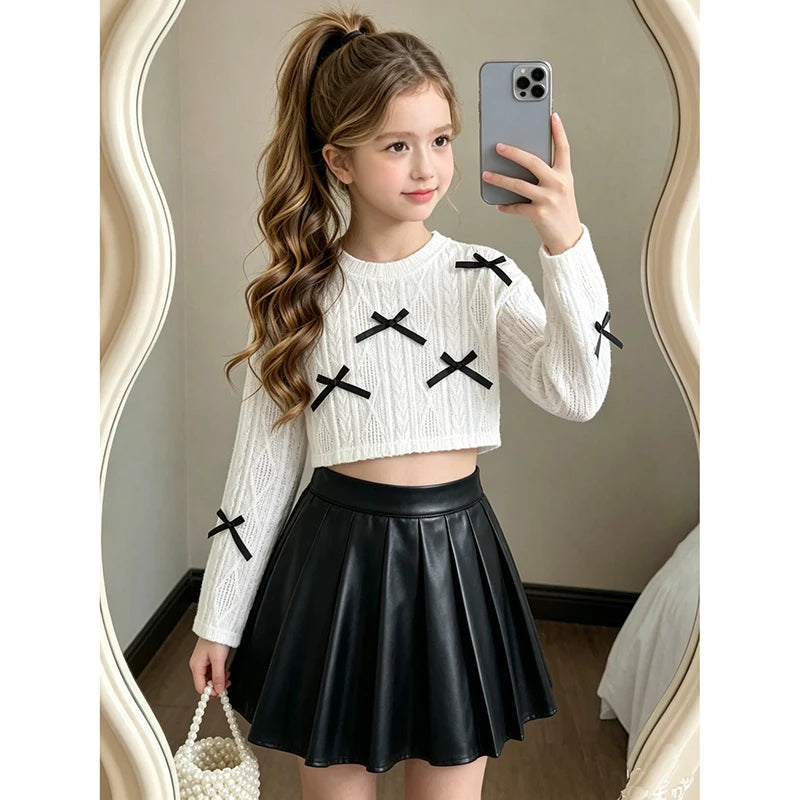 Girls Suit Autumn New 2PCS Solid Color White Bow O-Neck Long Sleeve Top & Black Skirt For Girls 8-12 Years Kids Fashion Outfit