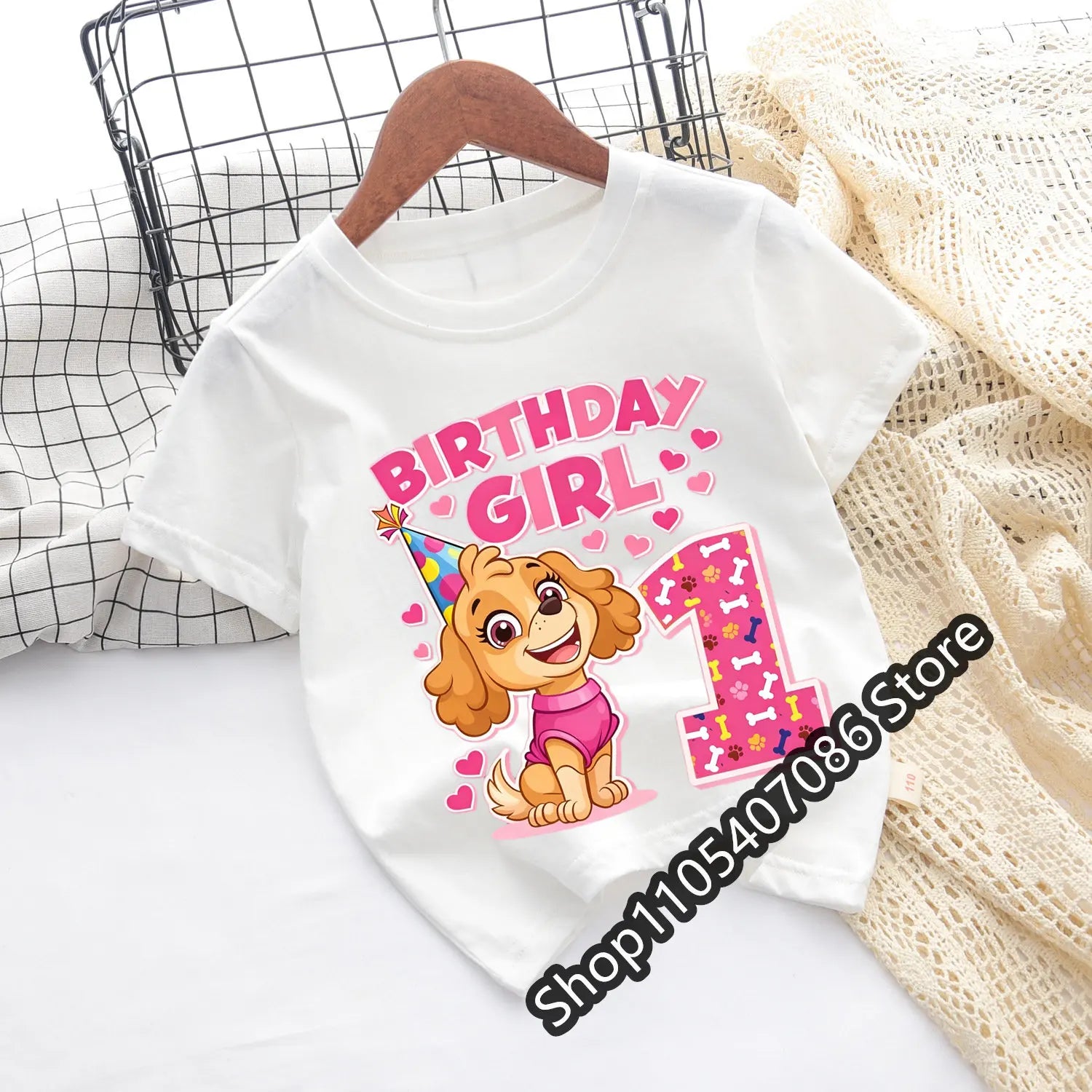 Paw Patrol Skye T-shirt Children Birthday Number Tee Top Girls Pink Clothes Cartoon Anime Short Sleeve Kids Loose Clothing Gift