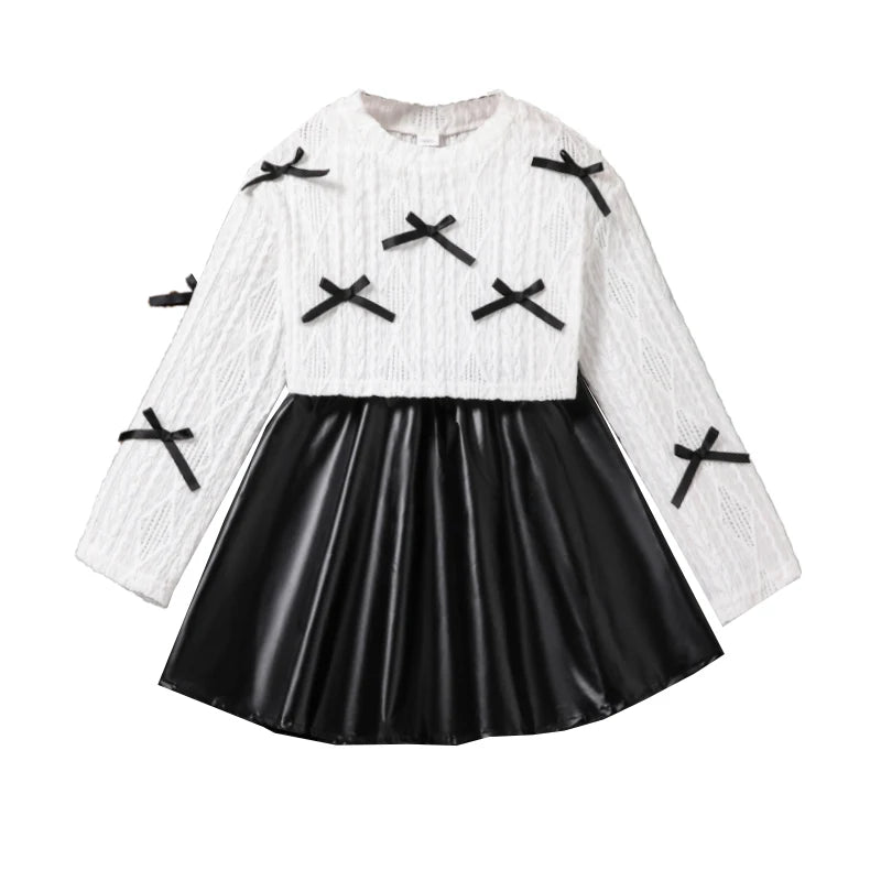 Girls Suit Autumn New 2PCS Solid Color White Bow O-Neck Long Sleeve Top & Black Skirt For Girls 8-12 Years Kids Fashion Outfit