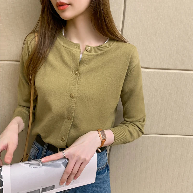 AOSSVIAO Women Knitted Cardigan Sweater 2026 Spring O-Neck Casual Cardigans Woman Solid Color Slim Korean Versatile Tops