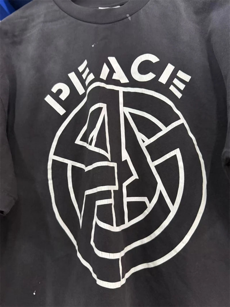 SAINT FW26 Retro American Street Circular Letter Printed Round Neck Hoodie Washed Ink Splashed Short Sleeve High Street T-shirt