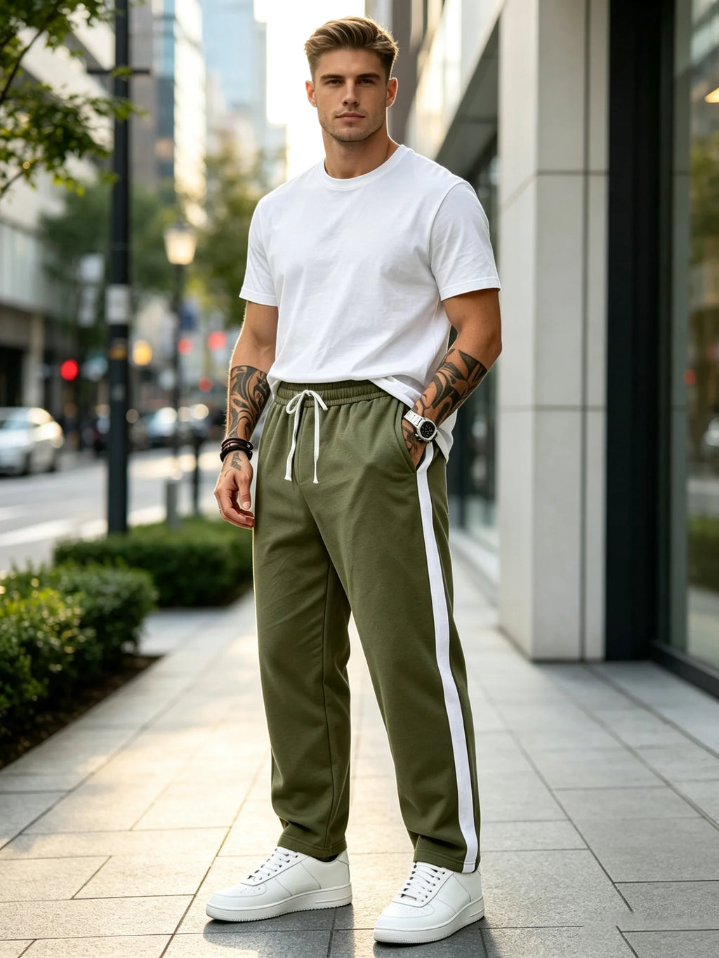 Men's Sweatpants & Joggers: Side Stripe Straight Pants w/ Elastic Waist & Pkt, Soft Loose Fit for Sports, Street & Daily Use
