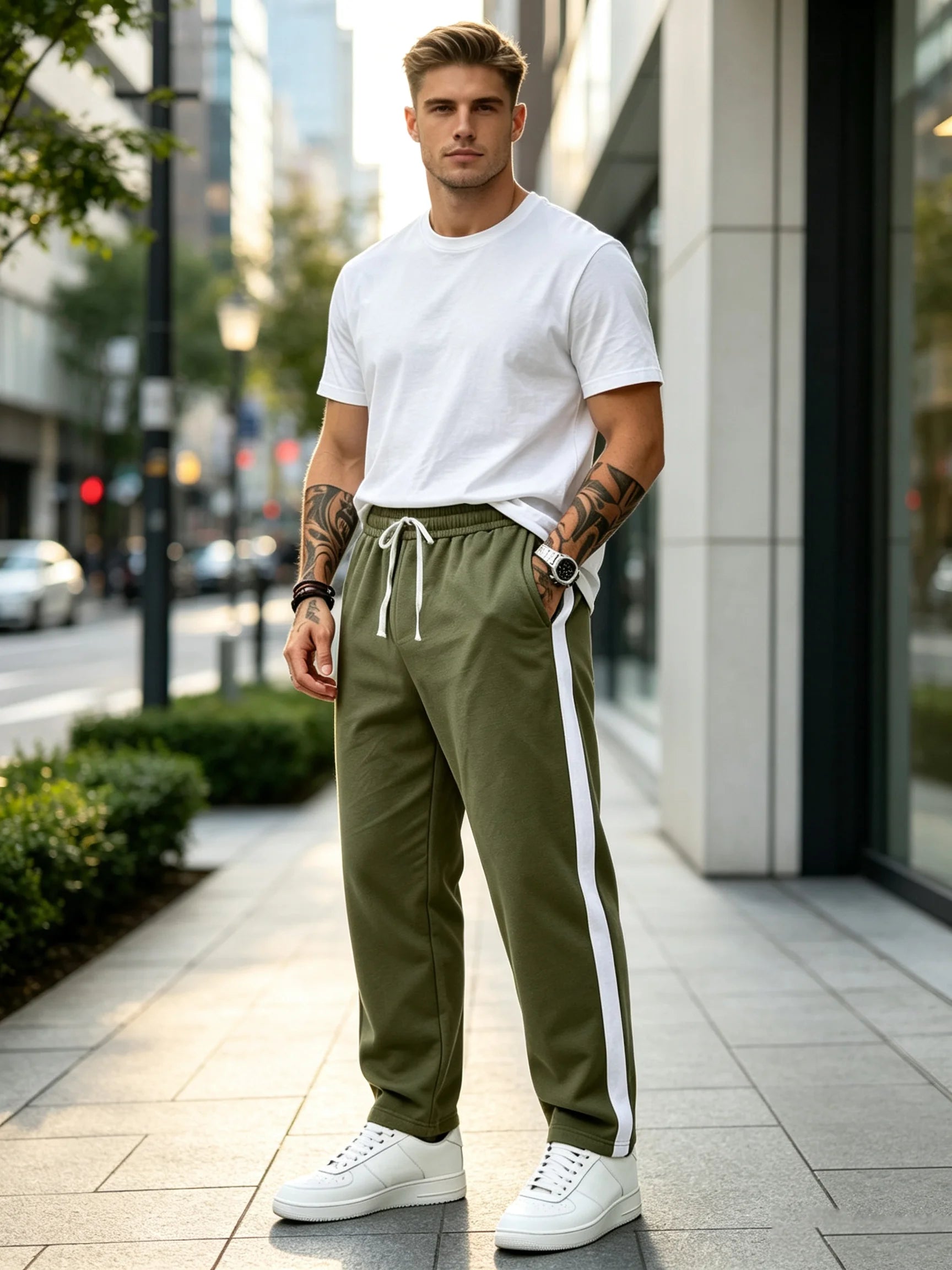 Men's Sweatpants & Joggers: Side Stripe Straight Pants w/ Elastic Waist & Pkt, Soft Loose Fit for Sports, Street & Daily Use