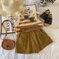 Bear Leader Girls Fashionable and Casual Set 2023 Summer Thin Children's Stripe Suspender Tank Top Shorts Two Piece Set Clothes