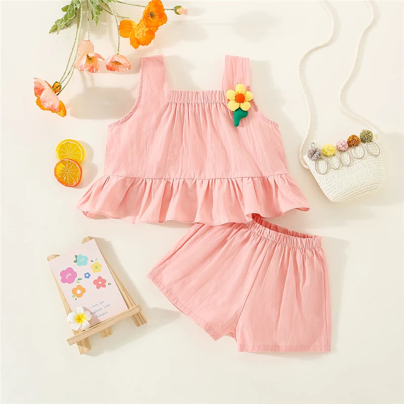 Summer Baby Girl Outfit Set Korean Style Fashion Pink Flower Tops And Cotton Comfortable Solid Color Toddler Shorts